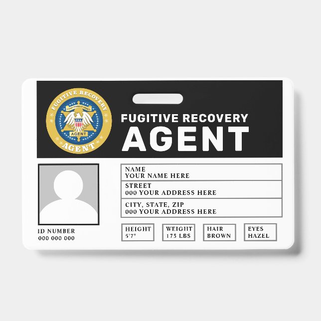 FUGITIVE RECOVERY AGENT BADGE  ID BADGE (Front)