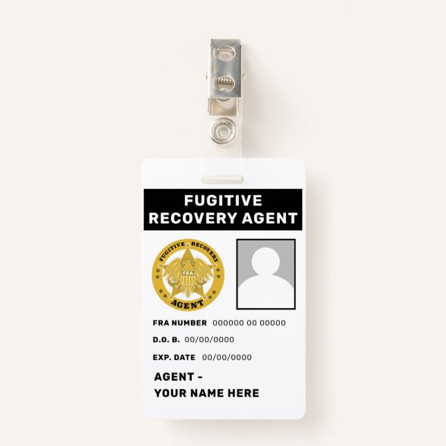 FUGITIVE RECOVERY AGENT Badge ID Badge (Front with Clip)
