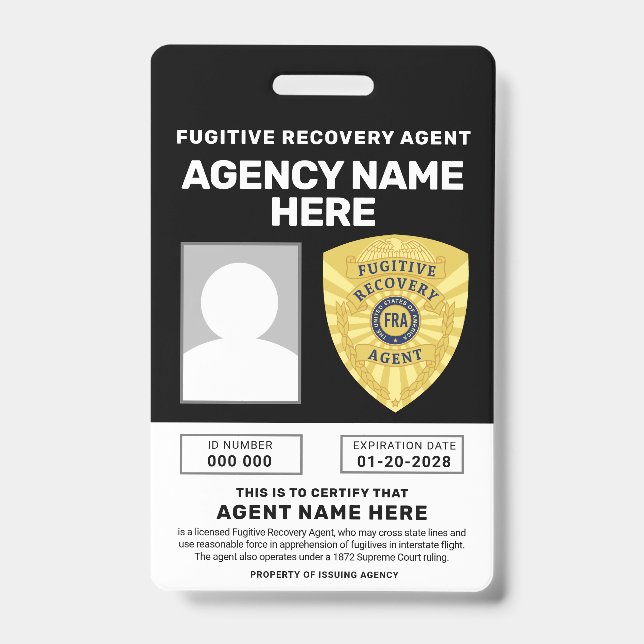FUGITIVE RECOVERY AGENT BADGE  ID BADGE (Front)