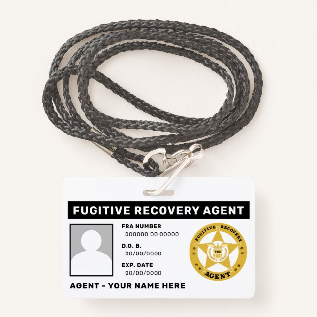 FUGITIVE RECOVERY AGENT BADGE LANYARD ID BADGE (Front with Lanyard)
