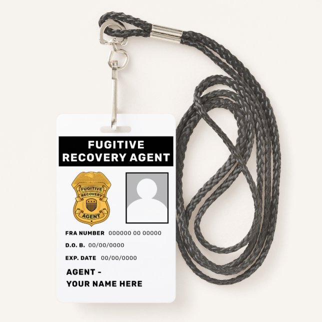 FUGITIVE RECOVERY AGENT Lanyard Badge ID Badge (Front with Lanyard)