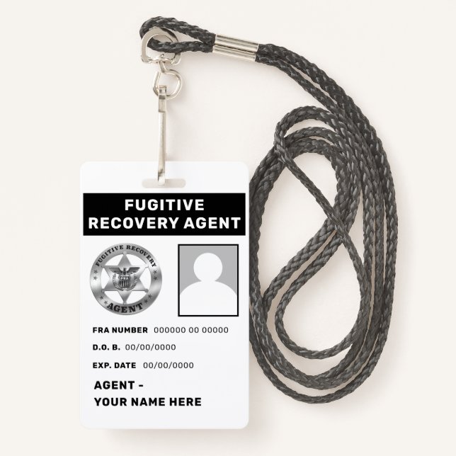 FUGITIVE RECOVERY AGENT Lanyard Badge ID Badge (Front with Lanyard)