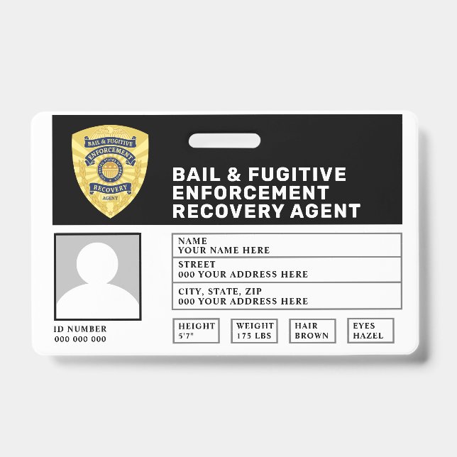 FUGITIVE RECOVERY & BAIL ENFORCEMENT AGENT BADGE ID BADGE (Front)