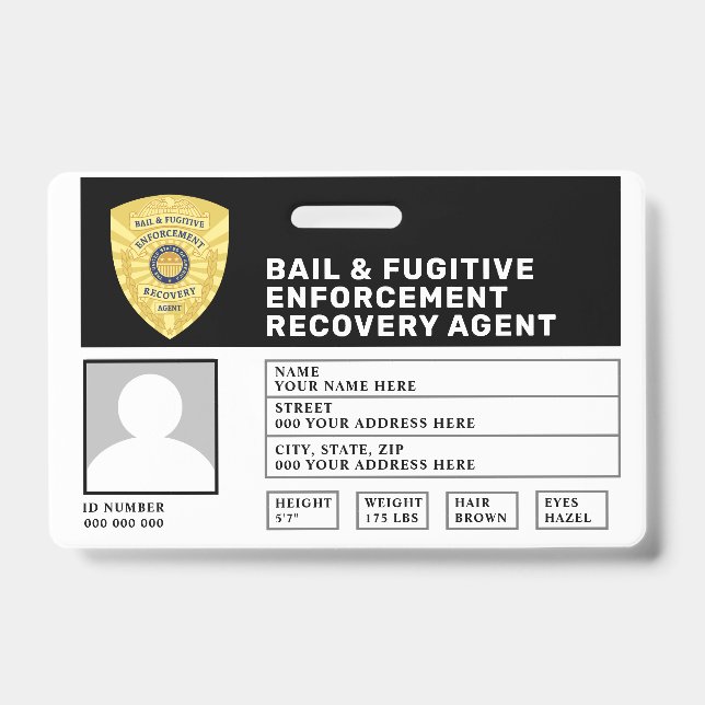 FUGITIVE RECOVERY & BAIL ENFORCEMENT AGENT BADGE ID BADGE (Front)