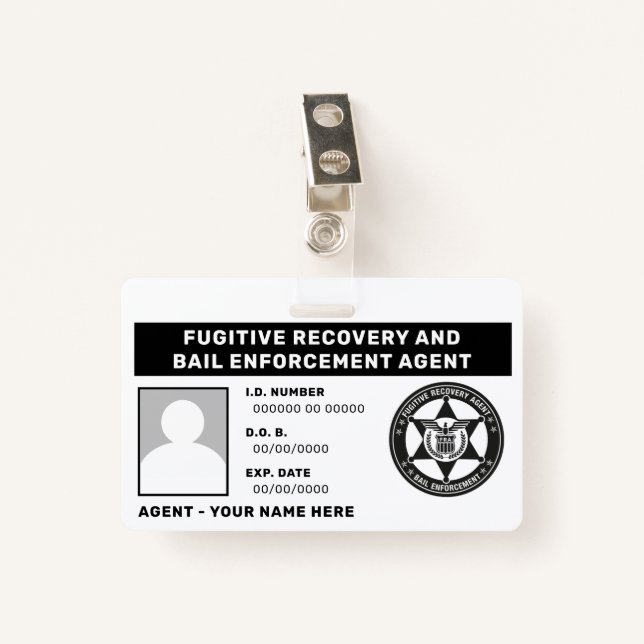 FUGITIVE RECOVERY & BAIL ENFORCEMENT AGENT BADGE ID BADGE (Front with Clip)