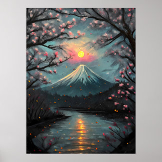 Fuji Sunset Cherry Blossom Mountain Art Poster