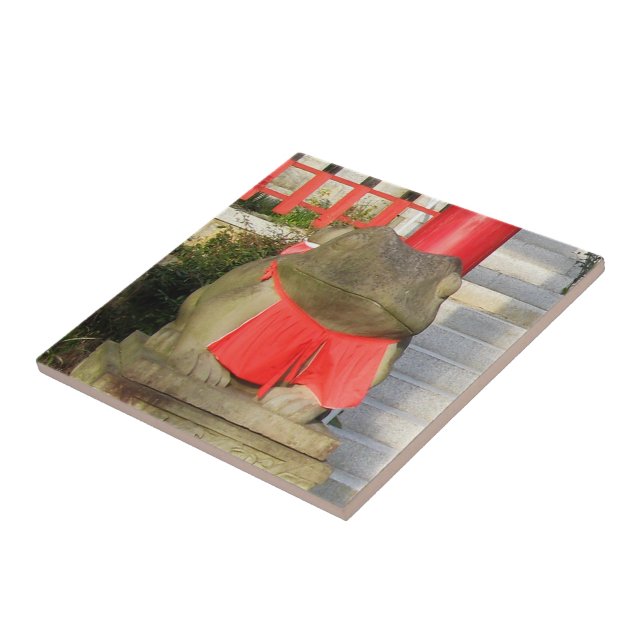 Fuku Kaeru 福かえる Fortune Frog with Red Yodarekake Ceramic Tile (Side)