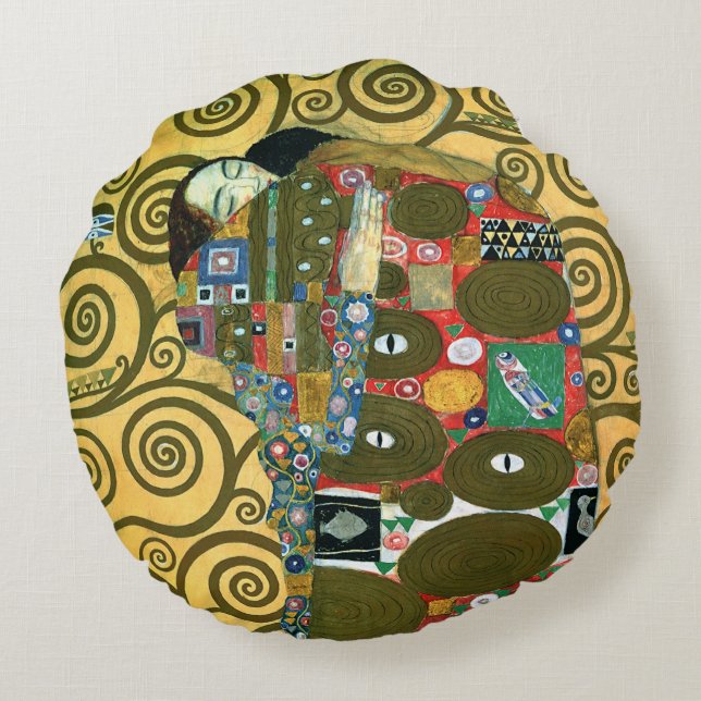 Fulfilment aka The Embrace by Gustav Klimt Round Cushion (Back)