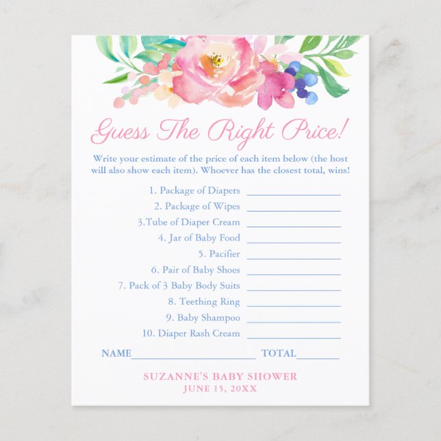 Full Bloom Guess The Price Baby Shower Game Card (Front)