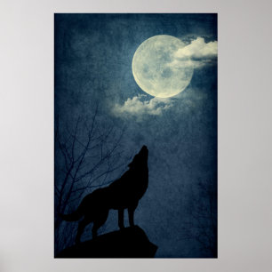 Full Blue Moon Howling Wolf Silhouette Poster