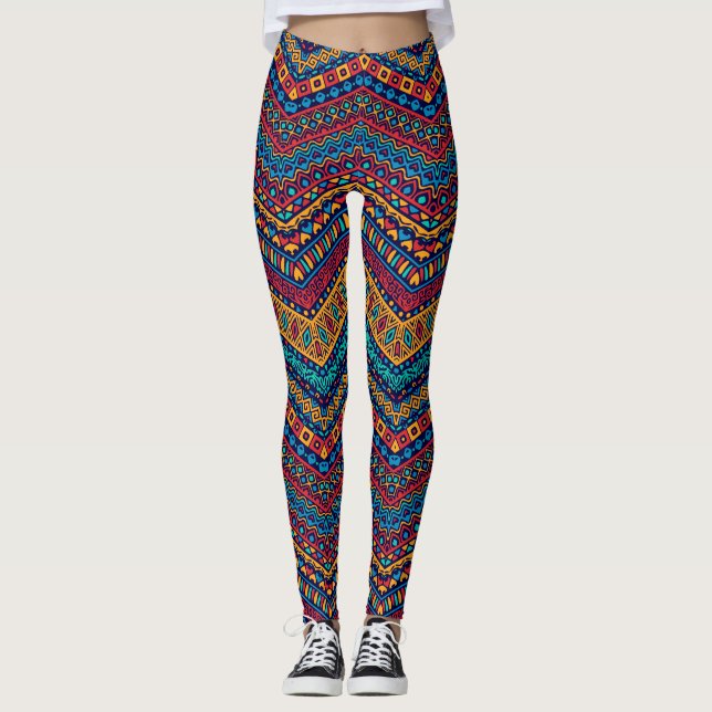 Full-Colour Zigzag Geometric Patterns  Leggings (Front)