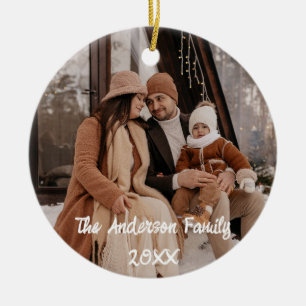 Full Coverage Photo Custom White Script Text  Ceramic Ornament