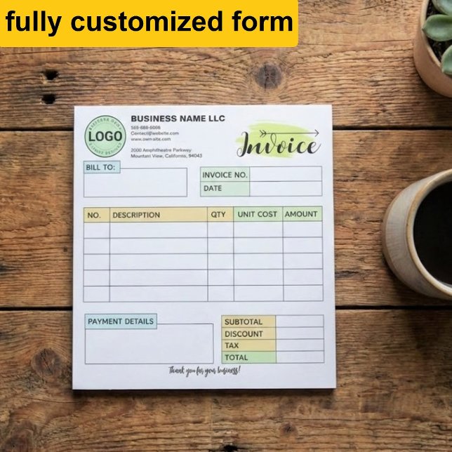 Full Custom invoice with logo | Small Business  Notepad (add your logo invoice pad)