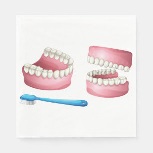 Full Dentures and Blue Toothbrush Dental Care Napkin