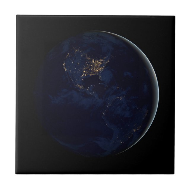 Full Earth At Night With City Lights Of Americas Ceramic Tile (Front)