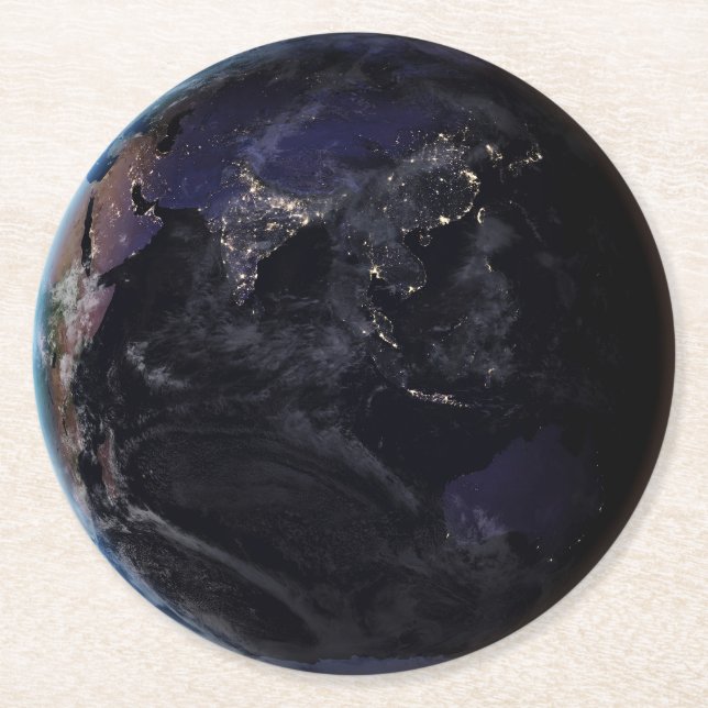 Full Earth Showing City Lights Of Asia At Night. Round Paper Coaster (Front)