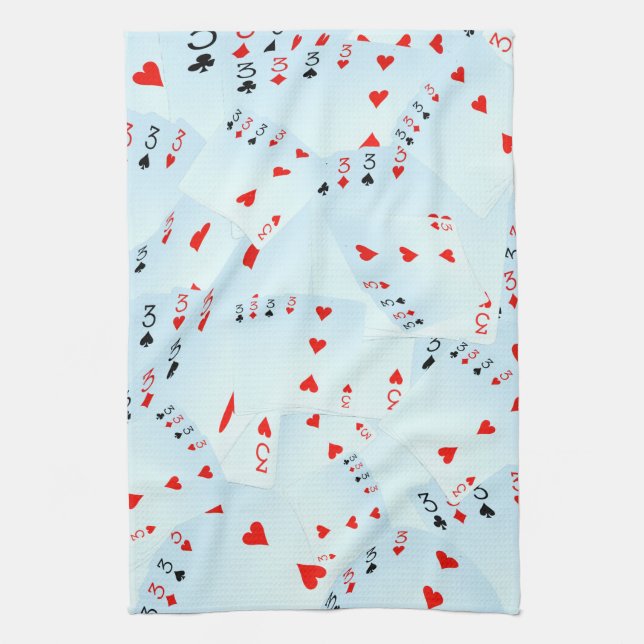 "Full House Frenzy: Scattered Quad Threes" Tea Towel (Vertical)
