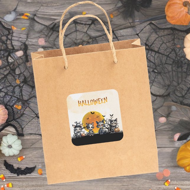 Full Moon Adorable Spooky Halloween Ghost Kittens  Square Sticker (Creator Uploaded)