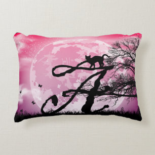 Full Moon and Cat A Initial Monogram Luggage Tag Decorative Cushion