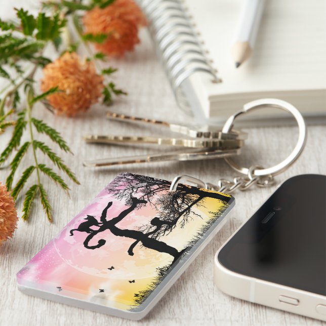 Full Moon and Cat F Initial Monogram Keychain (Front Right)