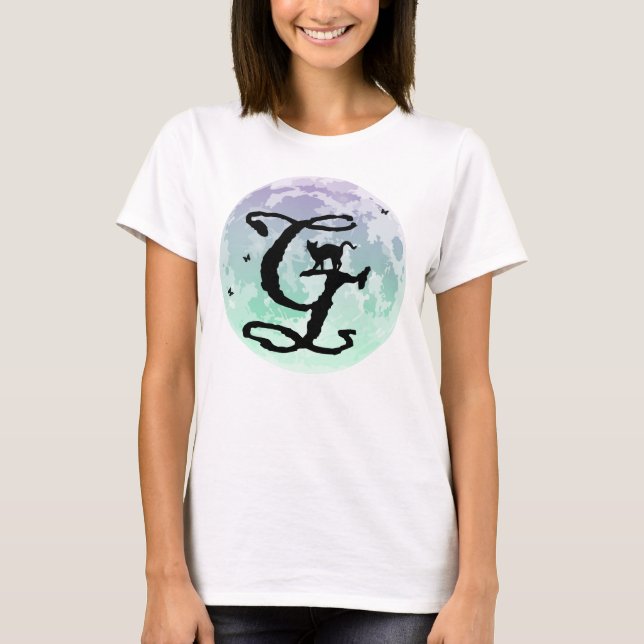 Full Moon and Cat G Initial Monogram T-Shirt (Front)