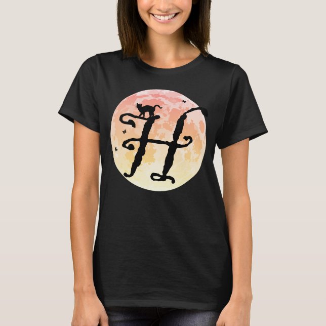 Full Moon and Cat H Initial Monogram T-Shirt (Front)