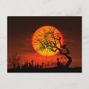 Full Moon and Cat Over Graveyard Postcard