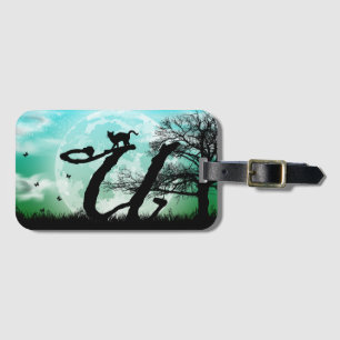 Full Moon and Cat U Initial Monogram Luggage Tag