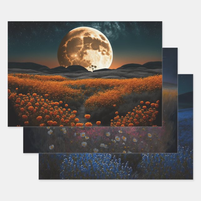 Full Moon and Flowers Wrapping Paper Sheet (Set)