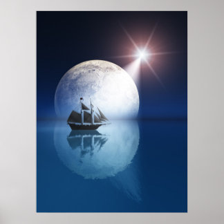 Full Moon and Star over Ship Poster