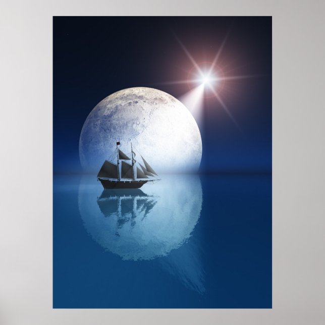 Full Moon and Star over Ship Poster (Front)
