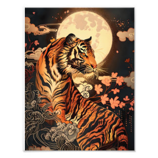 Full moon and tiger, night silence /Full moon and Photo Print
