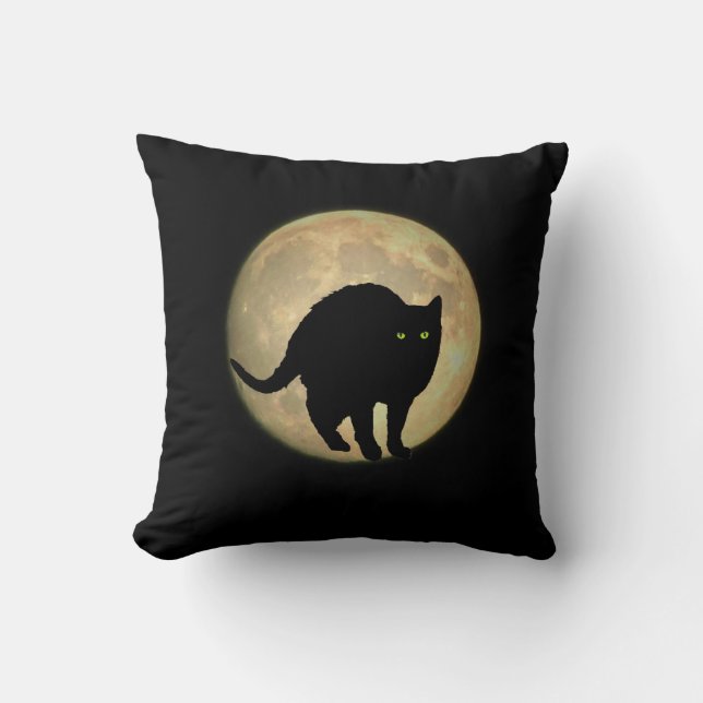 Full Moon Arching Black Cat Cushion (Front)