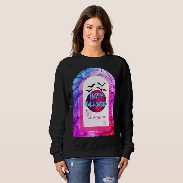 Full Moon Bat Spider Spooky Modern Happy Halloween Sweatshirt (Front Full)