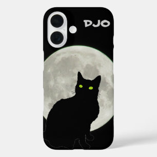Full Moon Black Cat Looking Up iPhone 16 Case