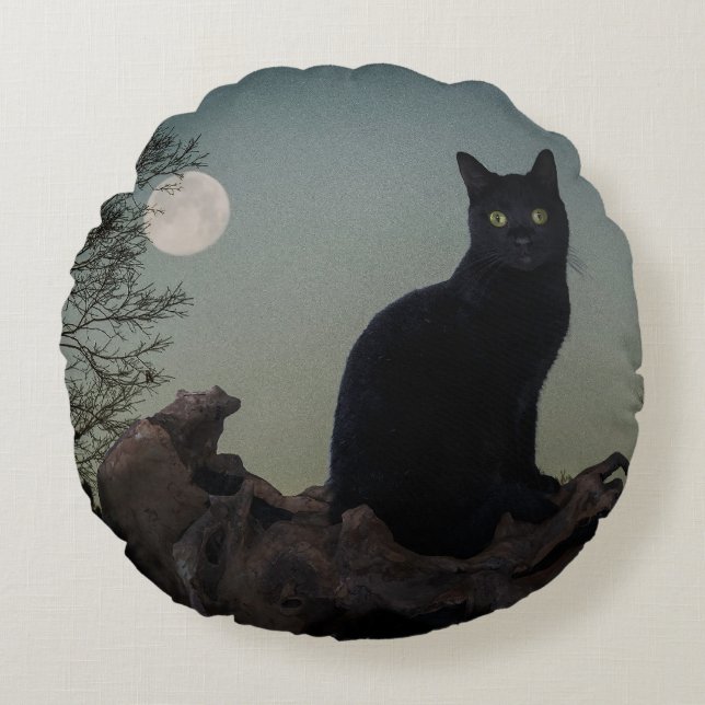 Full Moon Black Cat on a Tree Round Cushion (Front)