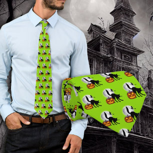 Full Moon Black Cat Smiling Jack Halloween Tie