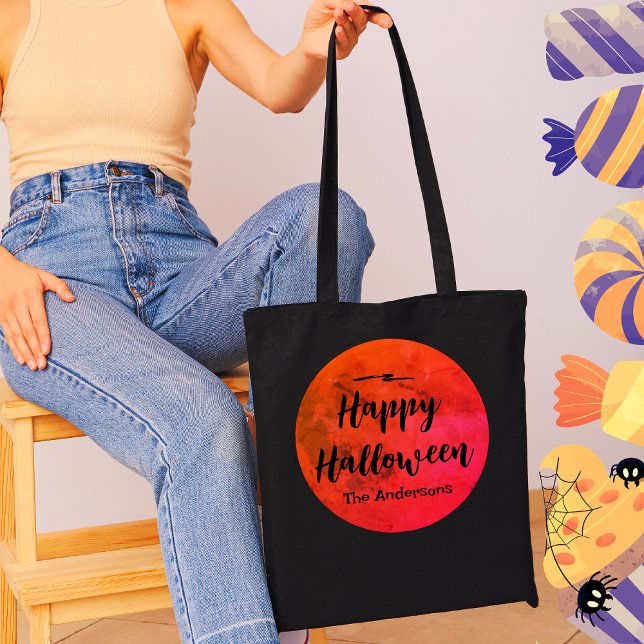 Full Moon Black Orange Family Name Happy Halloween Tote Bag (Creator Uploaded)