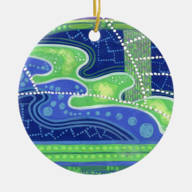 Full moon Blue, green & violet, abstract art Ceramic Tree Decoration (Front)