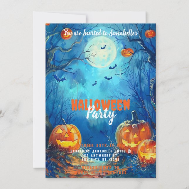 Full Moon Blue Jack-o' Lanterns Halloween Party Invitation (Front)