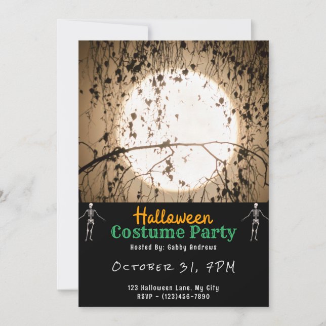 Full Moon Branch and Leaves Black Halloween Invitation (Front)