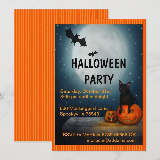 Full Moon, Cat and Pumpkin Halloween Invitation (Front/Back)