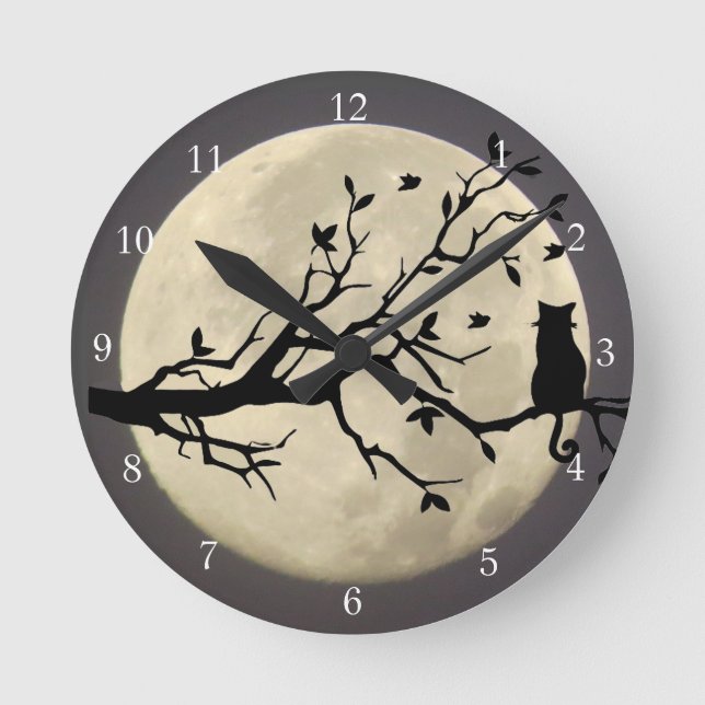 Full Moon Cat Whimsical Time Round Clock (Front)
