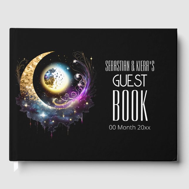 Full moon celestial black magenta starry night guest book (Front)