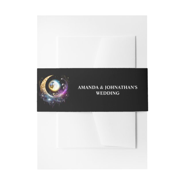 Full moon celestial starry night magenta black  invitation belly band (Front Example)