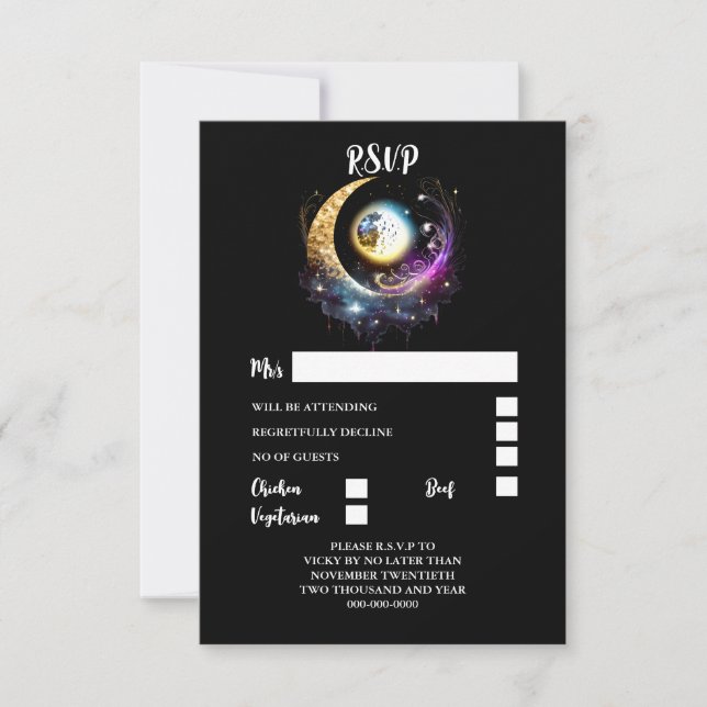 Full moon celestial starry night magenta black RSVP card (Front)
