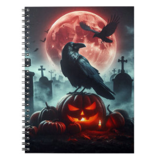 Full moon, cemetery, crow sitting on a pumpkin. notebook