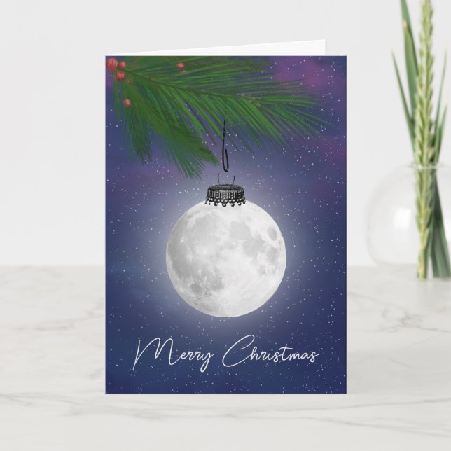Full Moon Christmas Ornament On Pine Holiday Card (Front)