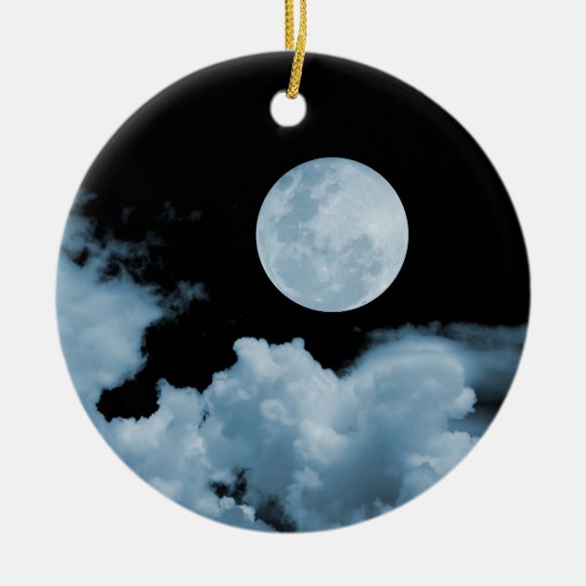FULL MOON & CLOUDS BLACK & BLUE CERAMIC TREE DECORATION (Front)