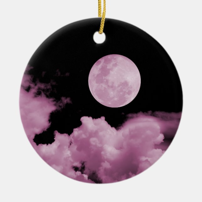 FULL MOON & CLOUDS BLACK & PINK CERAMIC TREE DECORATION (Front)